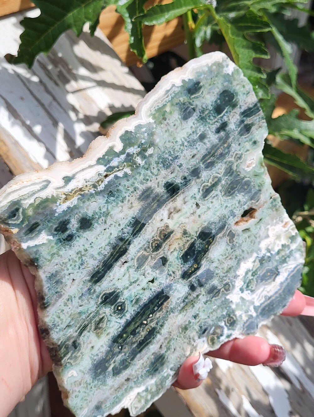 Old Stock Rare Natural Green and Snow Druzy Ocean Jasper Decorative Stone Slab